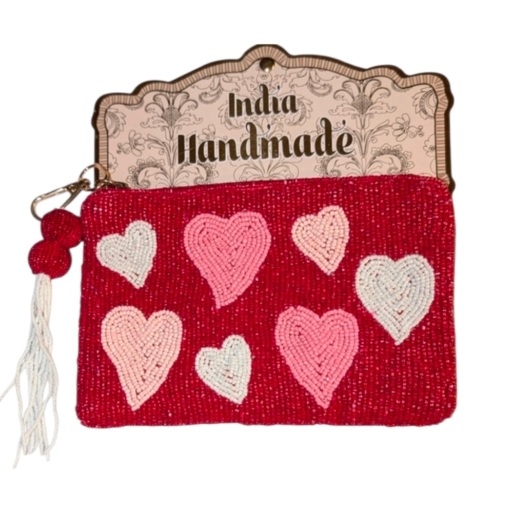 💕▪️made In India▪️Pink white Hearts Beaded Coin Pouch with Beaded Tassle